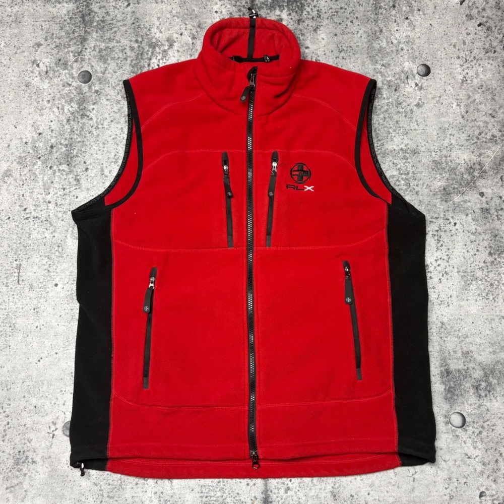 RLX Ralph Lauren Mens Red Black Fleece Full Zip Vest US Flag Patch Large